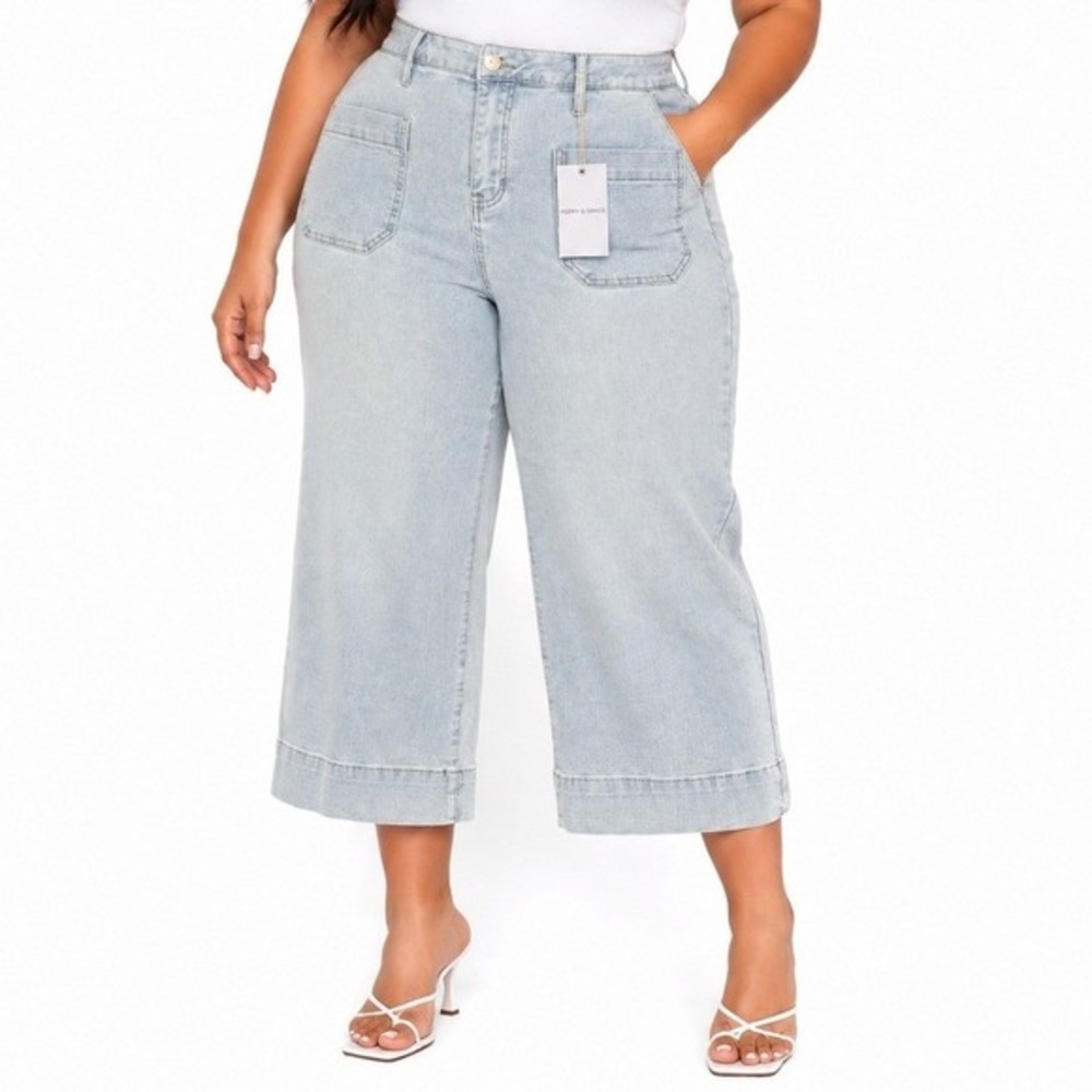 Poppy & Grace Light‎ Blue Anchor Embroidered Cropped Wide Leg Jeans 20W NWT